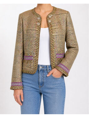 Tara Jarmon Tweed Jacket Sz 40 Crystal Gem Sequin Chanel Style Old Money
